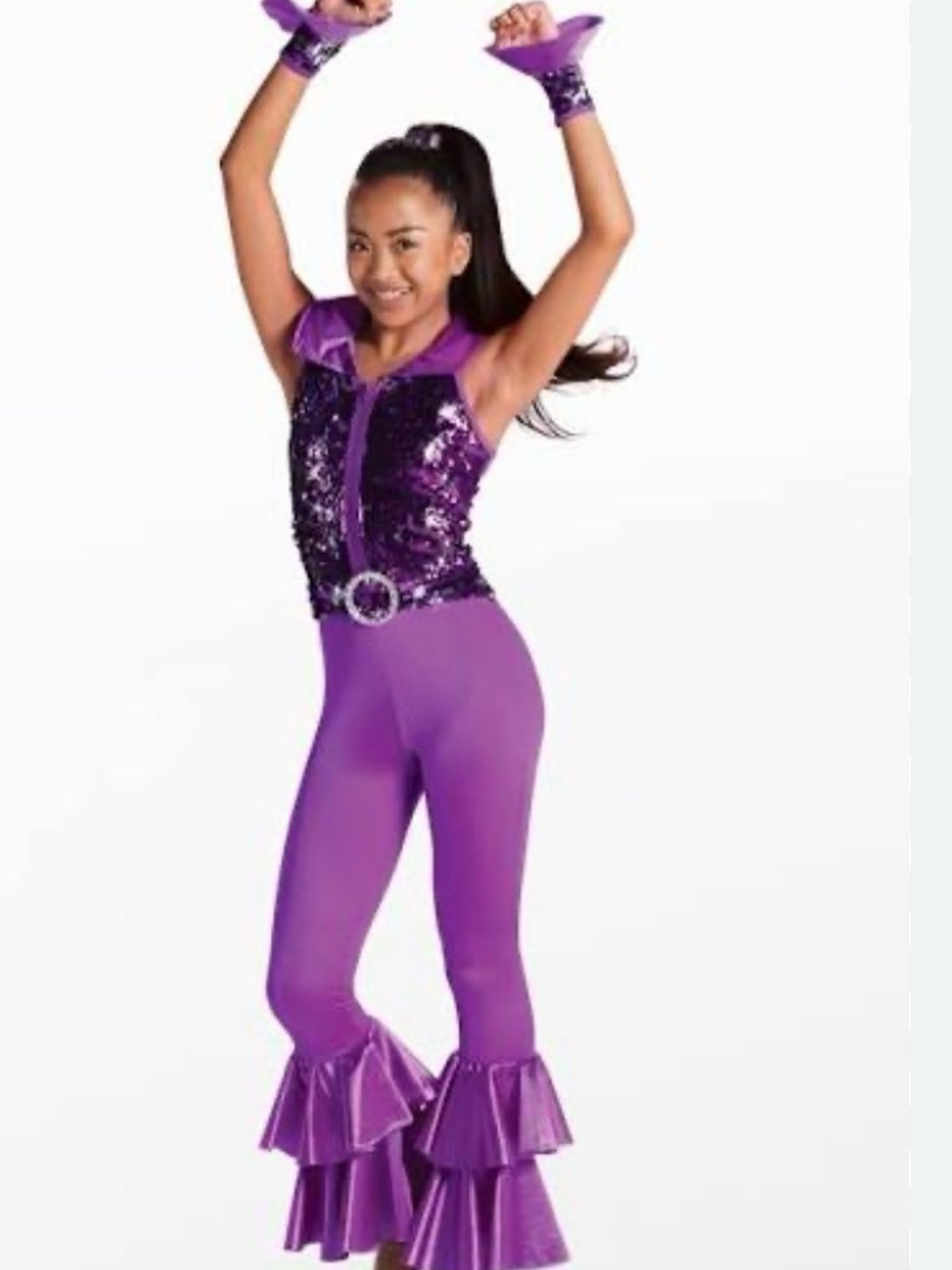 Weissman Purple Sequin Dance Jumpsuit with Ruffle Cuffs Dancing Queen 10916
